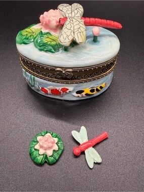 Dragonfly And Koi Fish Hinged Trinket Box With Water Lily And Dragonfly Trinket